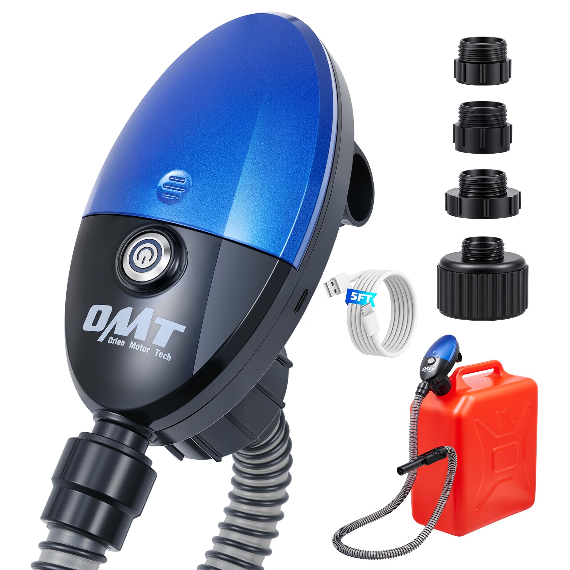 Photo 1 of Orion Motor Tech Electric Fuel Transfer Pump with Auto-Shutoff, 3.2GPM Gas Can Pump, 51" Hose, USB-C & AA Battery (NO BATTERIES INCLUDED) Powered, 4 Adapters for Gasoline, Diesel, Kerosene, Blue