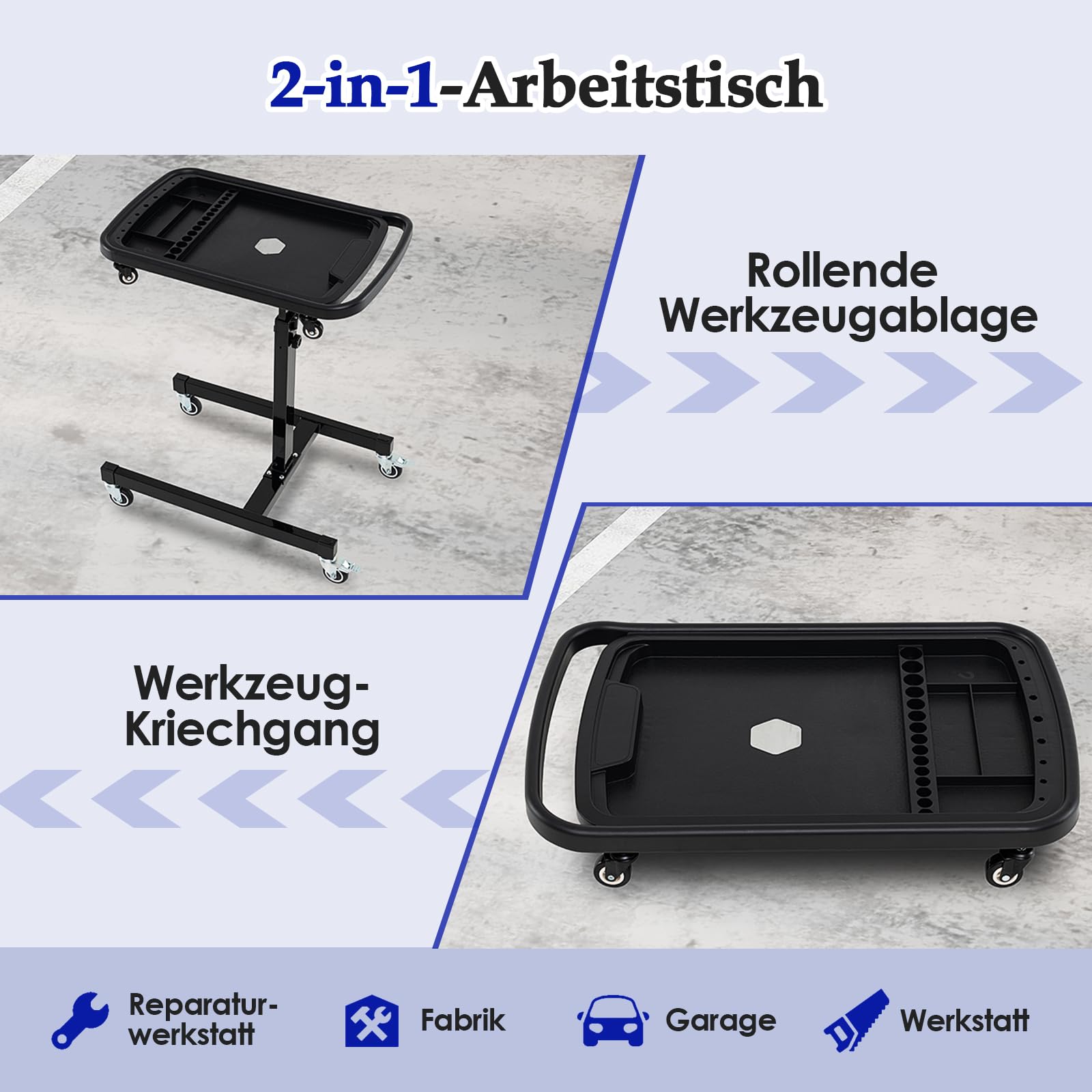 GYMAX Mesa de Trabajo Rodante, Mesa de Trabajo 2 en 1 con Bandeja de Piezas Desmontable, Mesa de Trabajo Móvil Pesada y Ajustable con 4 Ruedas, Banco de Trabajo Portátil con 2 Ruedas con Freno