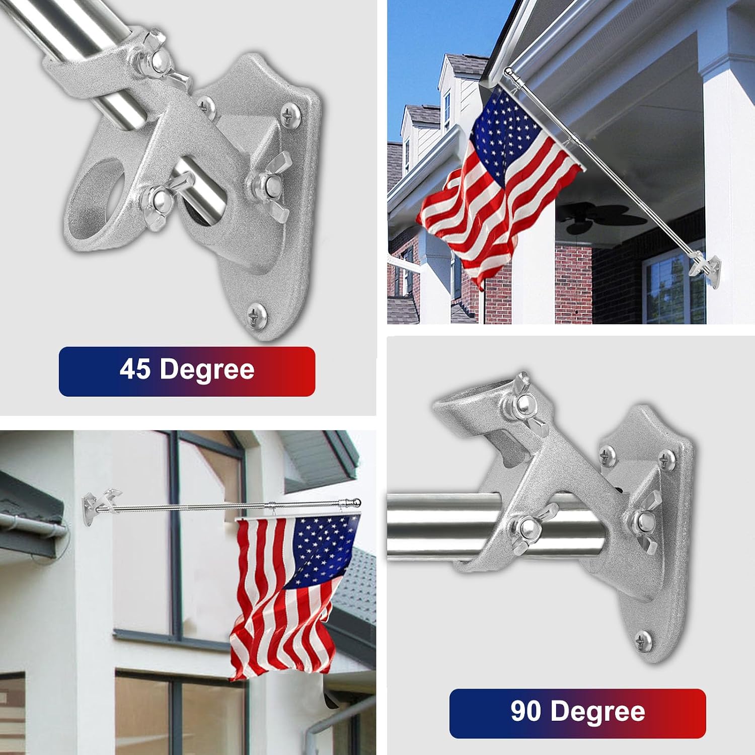 Flag Pole Holder, Outside House Flag Pole Bracket, Heavy Duty Metal Flag Mount, Aluminum Alloy Mounting Brackets, Outdoor Flag Holder- Strong Rust Free, Dual Position 1 inch Silver image 4