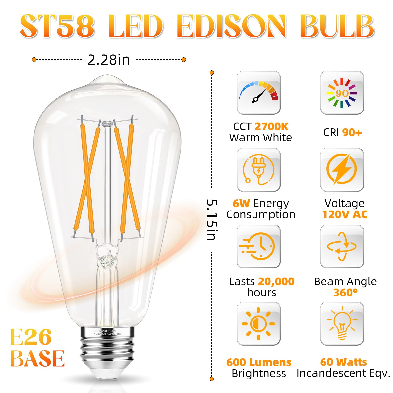 GvvooHome Bombillas Edison, bombilla LED E26 equivalente a 60 W, no regulable, 2700 K blanco cálido, bombillas vintage ST58, CRI 90+, base media E26, vidrio transparente, paquete de 6