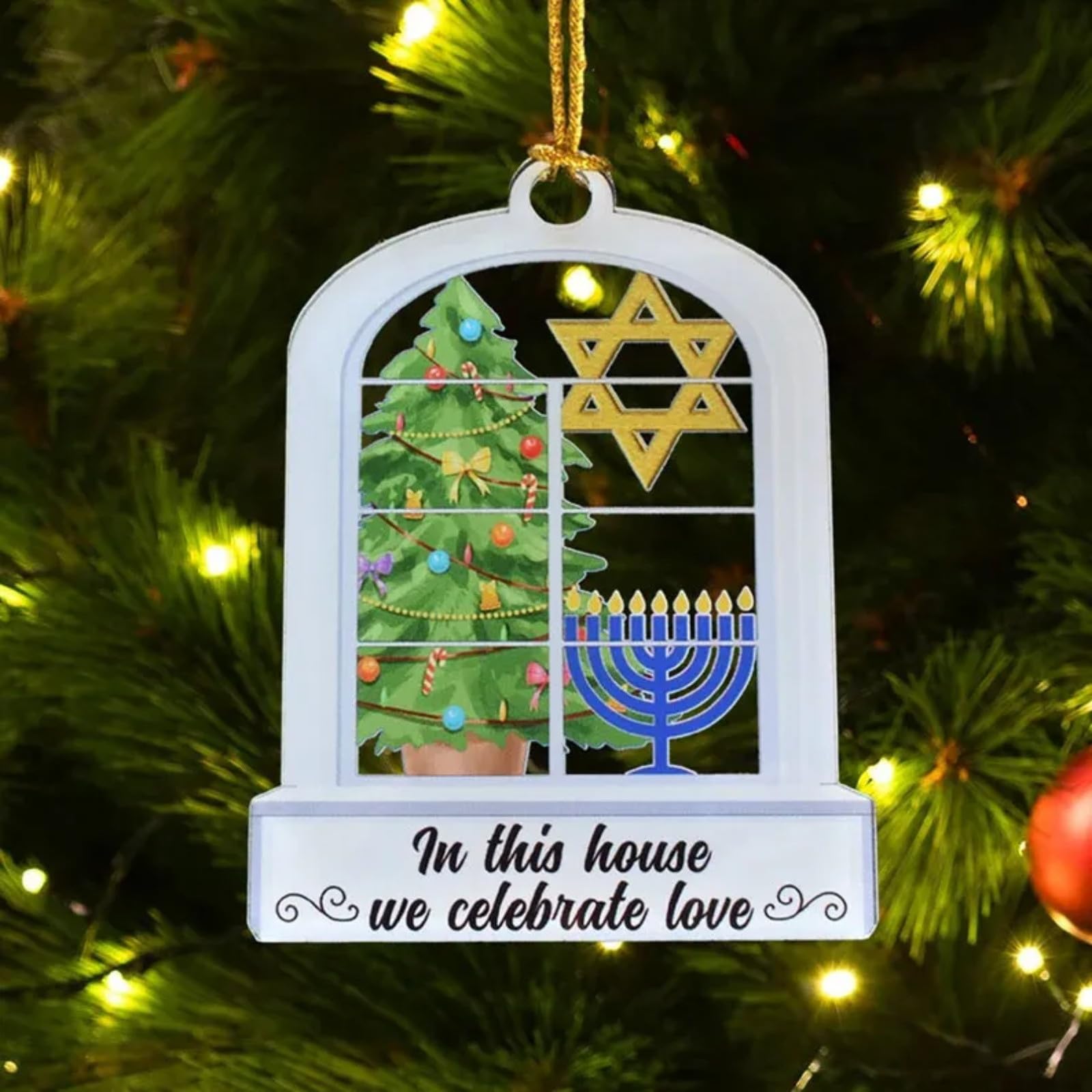 Christmas Hanukkah Ornaments for Tree, in This House We Celebrate Love Menorah Ornament, Christmas Personalized Acrylic Ornament, Chanukah Ornament (A)