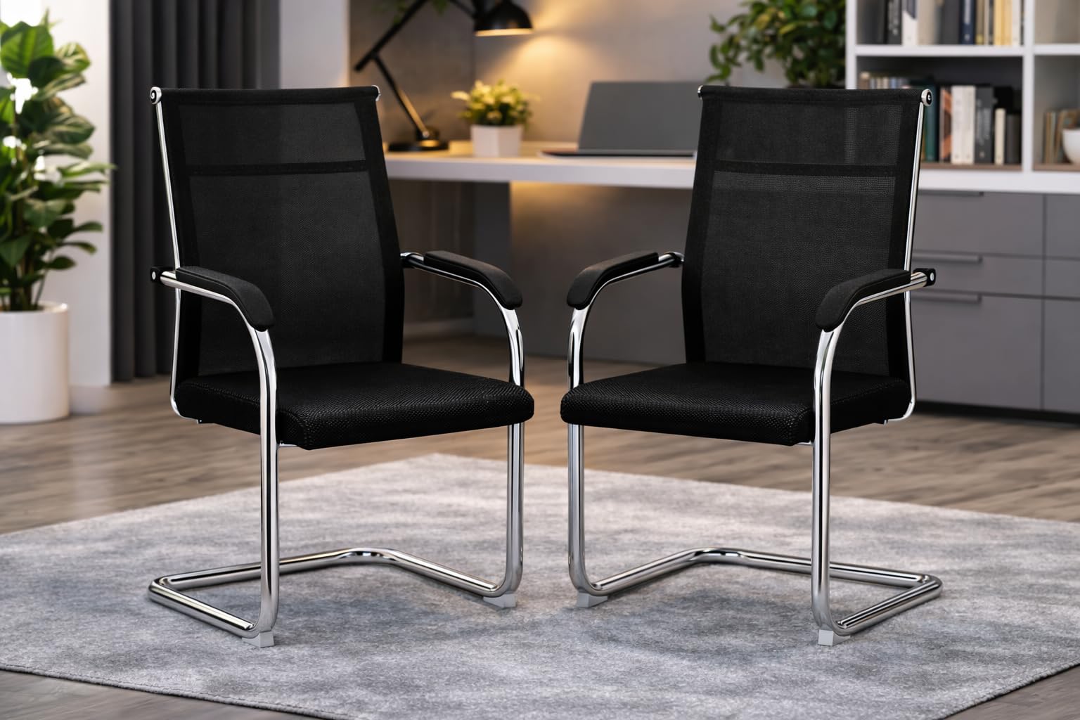 MLU Black Mesh Visitor Chairs Set of 2 – Ergonomic Guest Office Chair with Breathable Mesh Back, Soft Cushion Seat, Chrome Cantilever Frame, Comfortable Armrests – Modern Reception Chair (Black)-image-35
