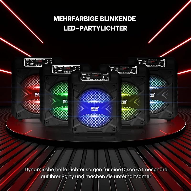 Pyle Party Box Bluetooth Hangszóró - 300W Hordozható PA Rendszer, 8" Mélynyomó, Karaoke Funkció, Parti Fényekkel, MP3/USB, FM Rádió, Újratöl