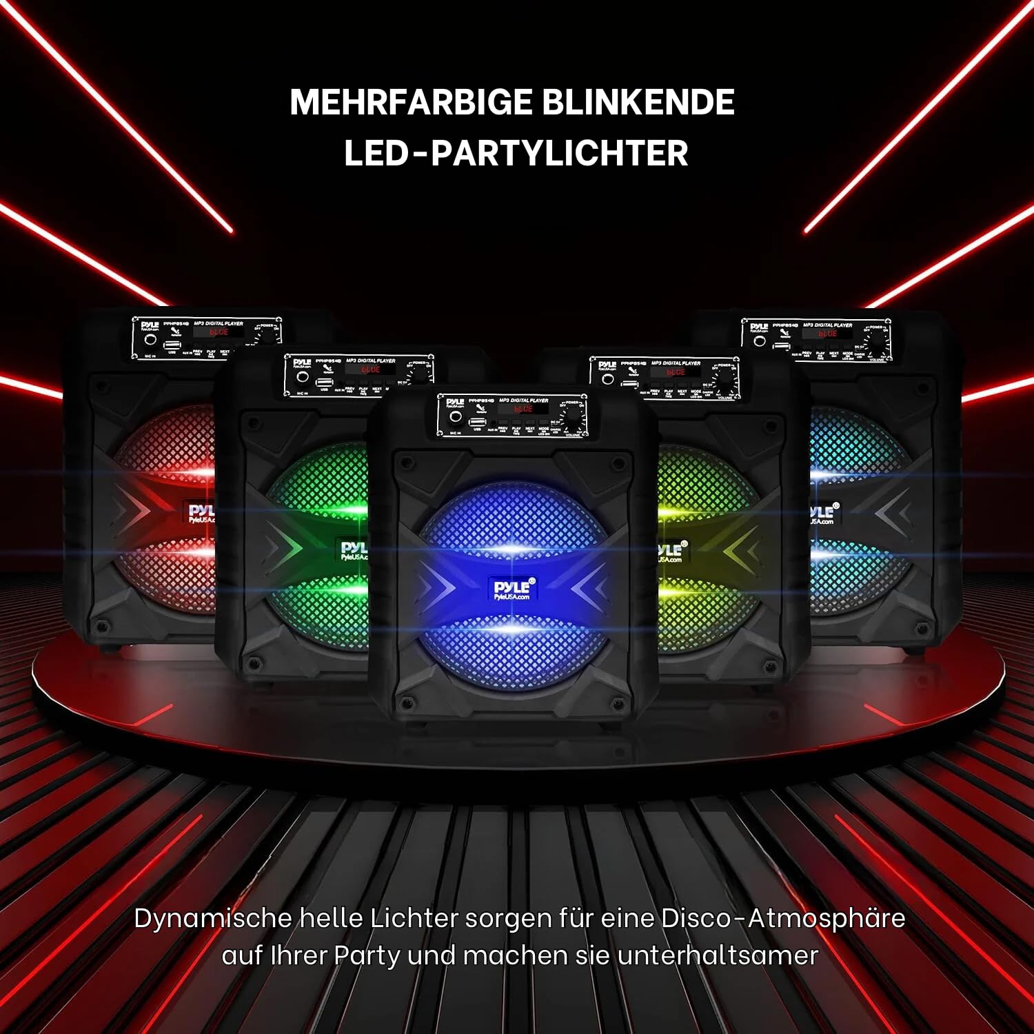 Pyle Partybox - Bluetooth Lautsprecher Groß, PA Anlage, Musikbox, Karaoke Box, 300W, 8" Subwoofer, Tragbare Musikboxen mit wiederaufladbarem Akku, Bluetooth Box mit Party Lichtern, MP3/USB, FM Radio