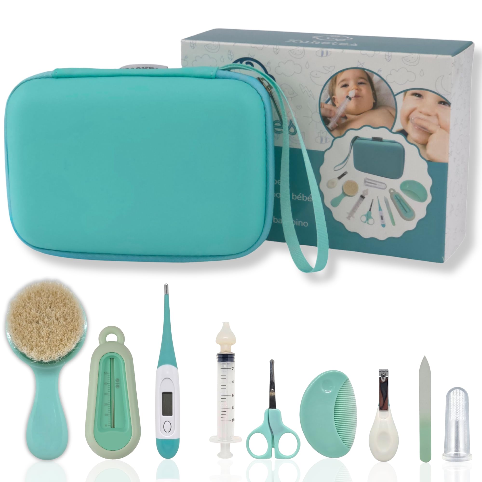 Set de soins pour bébé nouveau-né. Kit hygiène pour bébé complet avec coupe-ongles, citron, ciseaux, thermomètre, douche, seringue bébé, brosse, peigne et sacamoc. Trousse de voyage pour