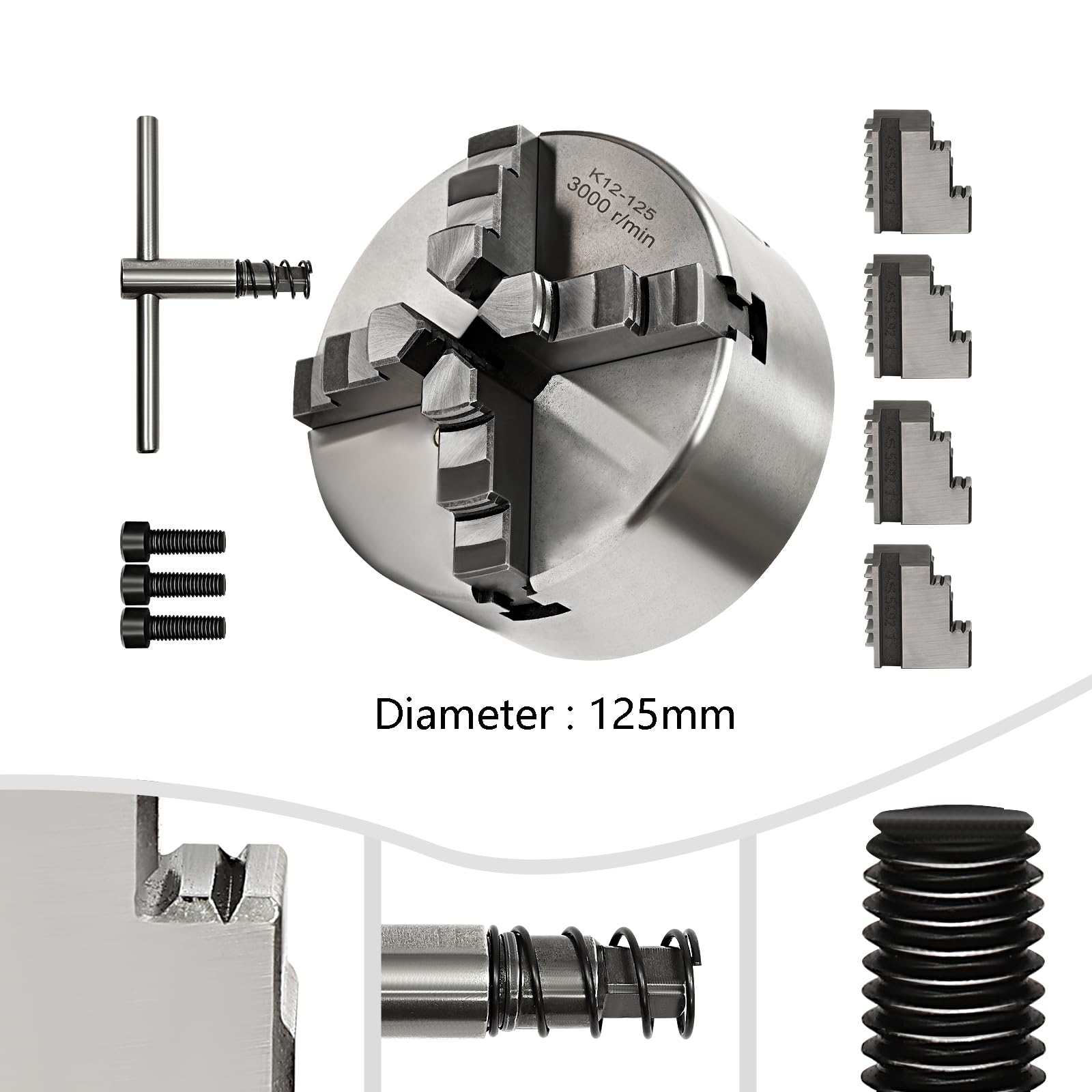 Mandrino a quattro ganasce autocentrante Chuck 4, tornitrice, mandrino trifase Ø 80/100/125 mm, per lavori di fresatura, foratura e tornitura (125 mm)