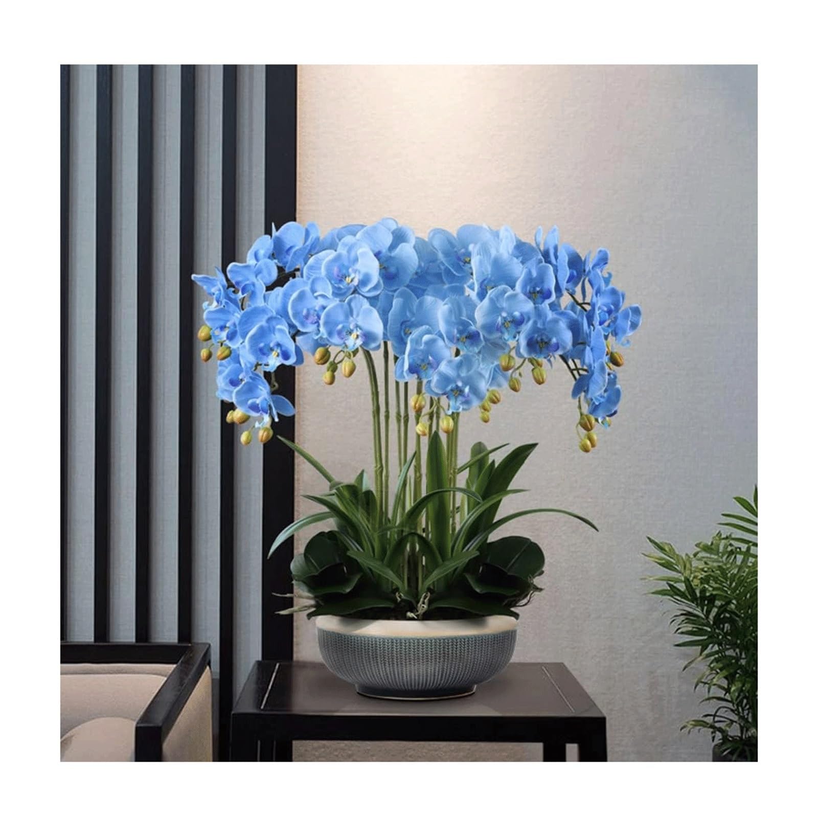 MYUYEE Faux Orchid Artificial Flowers With Ceramic Pot, Silk Faux Plant Phalaenopsis Flower Arrangement Table Centerpieces Indoor Decoration(Blu)