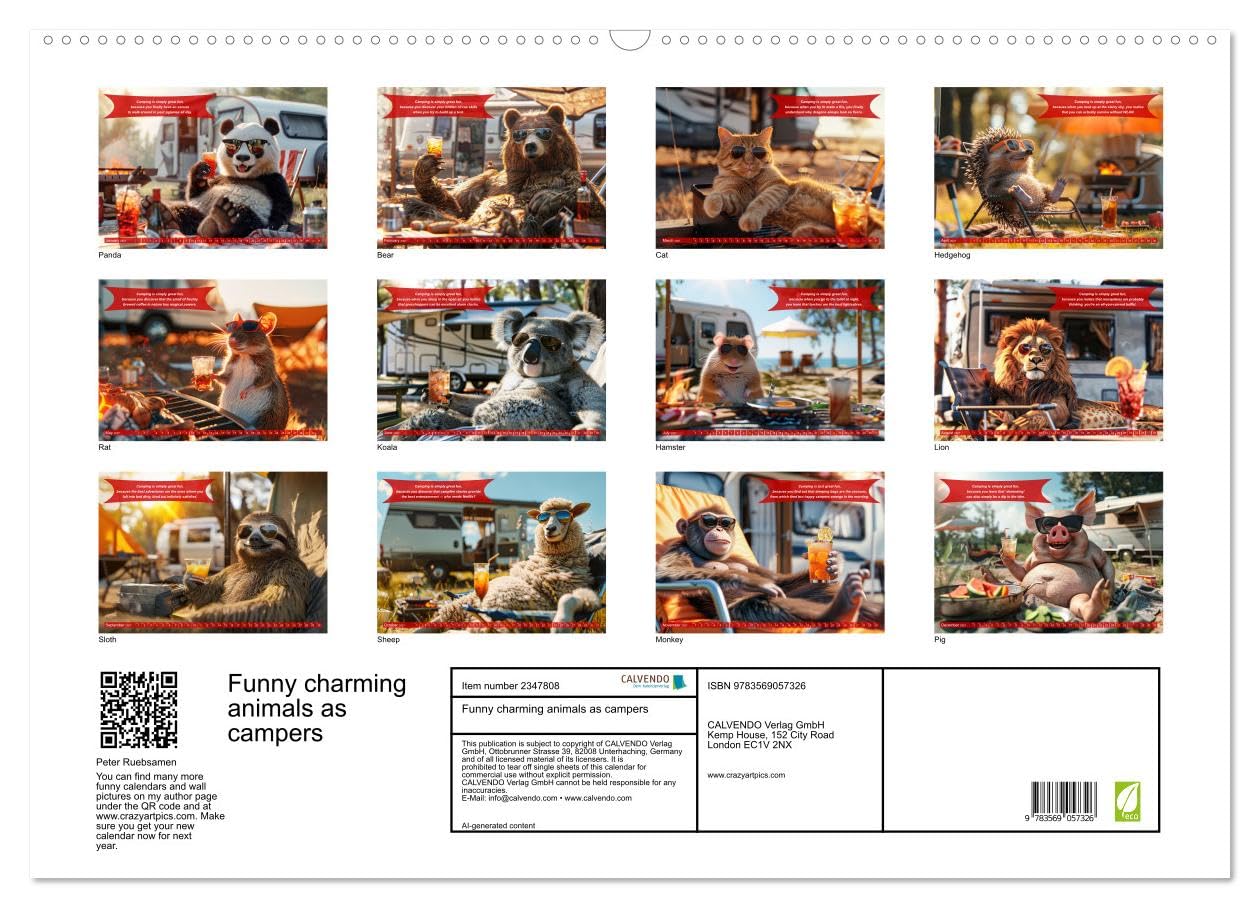 Funny charming animals as campers (Wall Calendar 2027 DIN A2 landscape), CALVENDO 12 Month Wall Calendar: Funny animals enjoy the camper lifestyle with humorous slogans