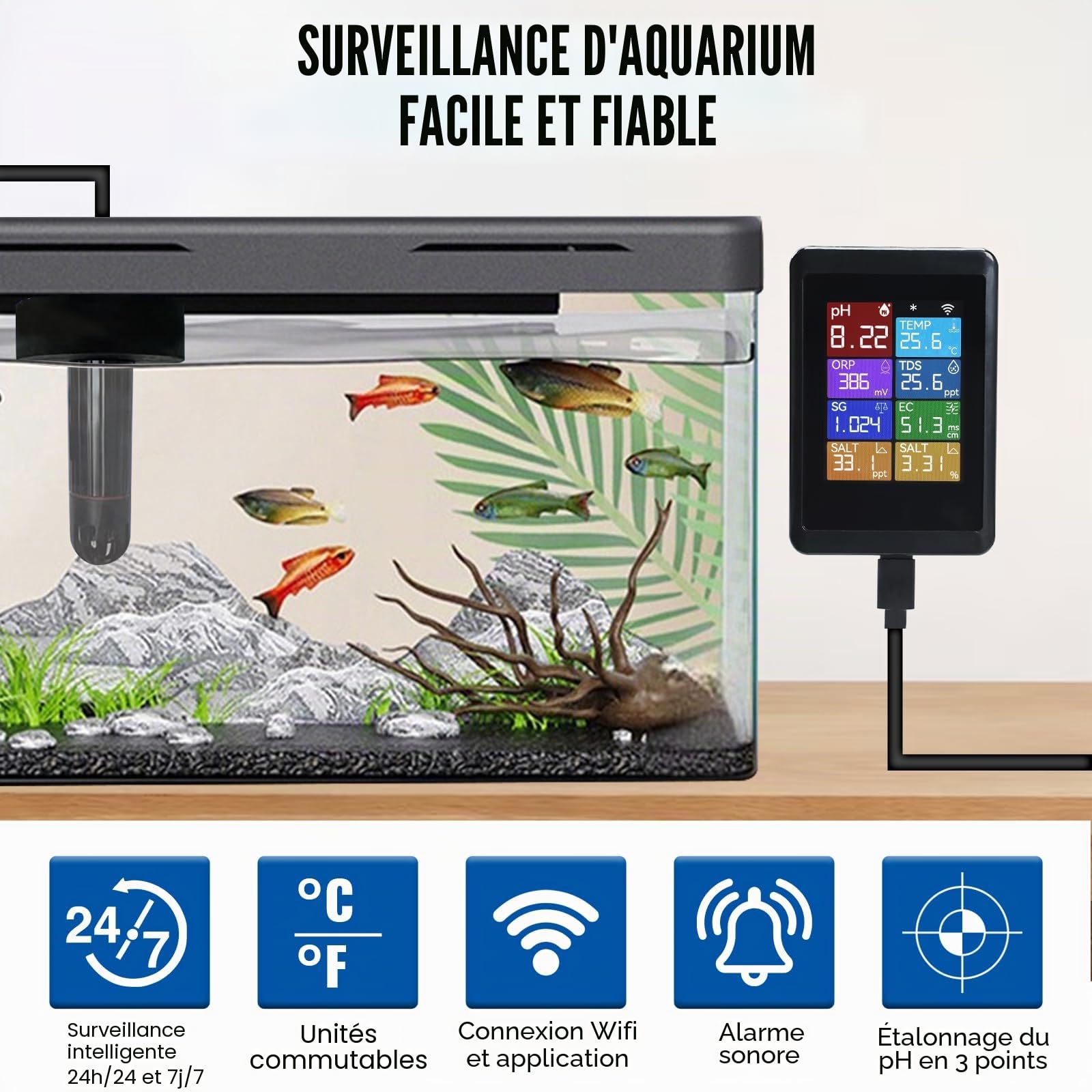 TEKCOPLUS Moniteur de pH Numérique WiFi 8-en-1 pour la Qualité de l'Eau avec Sonde pour Aquariums, Hydroponie, Piscines, Étangs, Laboratoires Mesure pH, Température, TDS, EC, Salinité, ORP, SG