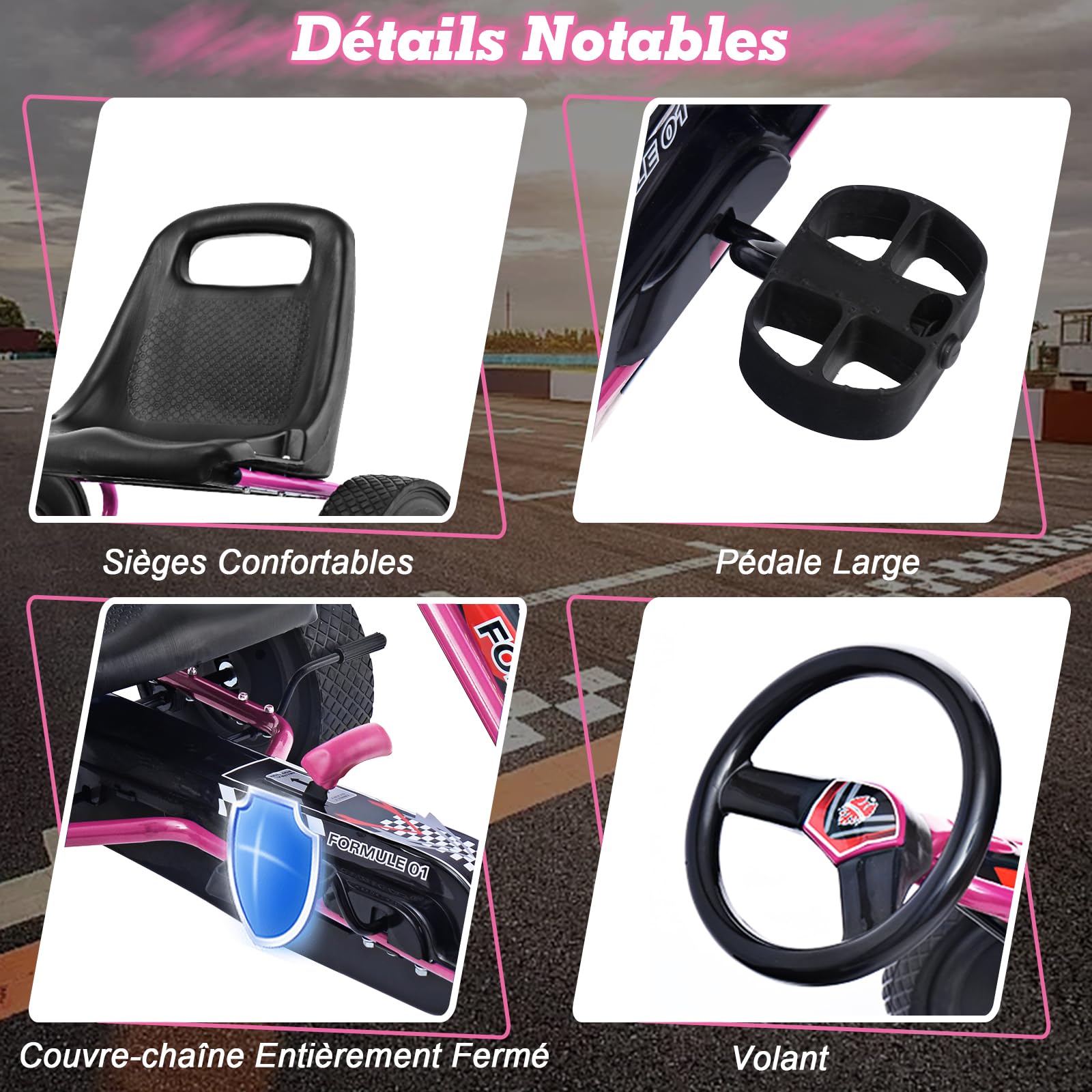 Kart Enfant Siège Réglable Kart à Pédale Enfant Rose – DREAMADE – Go-Kart Extérieur 3-5 Ans, Siège Réglable & Frein