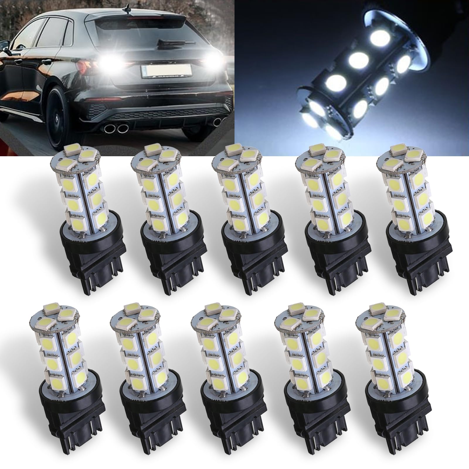 10 PCS 3157 LED Bulbs, 6500K Super Bright Reverse Light Brake Turn Signal Lights, Non Polarity Tail Brake Light Bulbs, Universal for Most Cars Trucks Vans (White)