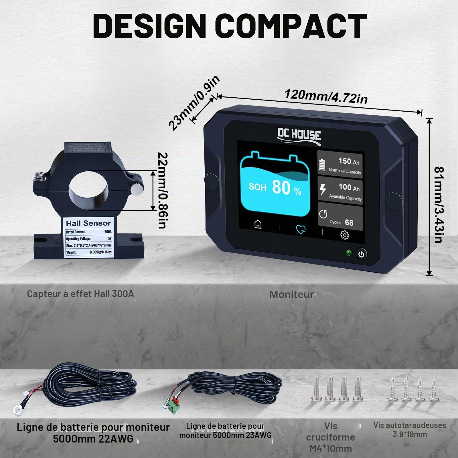 DCHOUSE Moniteur de Charge et de décharge avec capteur Hall Tactile, 0-80V 300A Moniteur de Batterie pour Batterie Li-Ion/LiFePO4/AGM/gel, Tension de Courant, testeur de capacité de Batterie