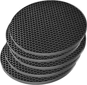 TENOC Silicone Non-Slip, Heat Resistant & Water-Trapping Trivet Mats for Water Glasses & Teacup & Coffee Cup & Dishes & Cookware, Multipurpose Kitchen Table Coaster, 3.5-Inch, 5 Pcs, Black