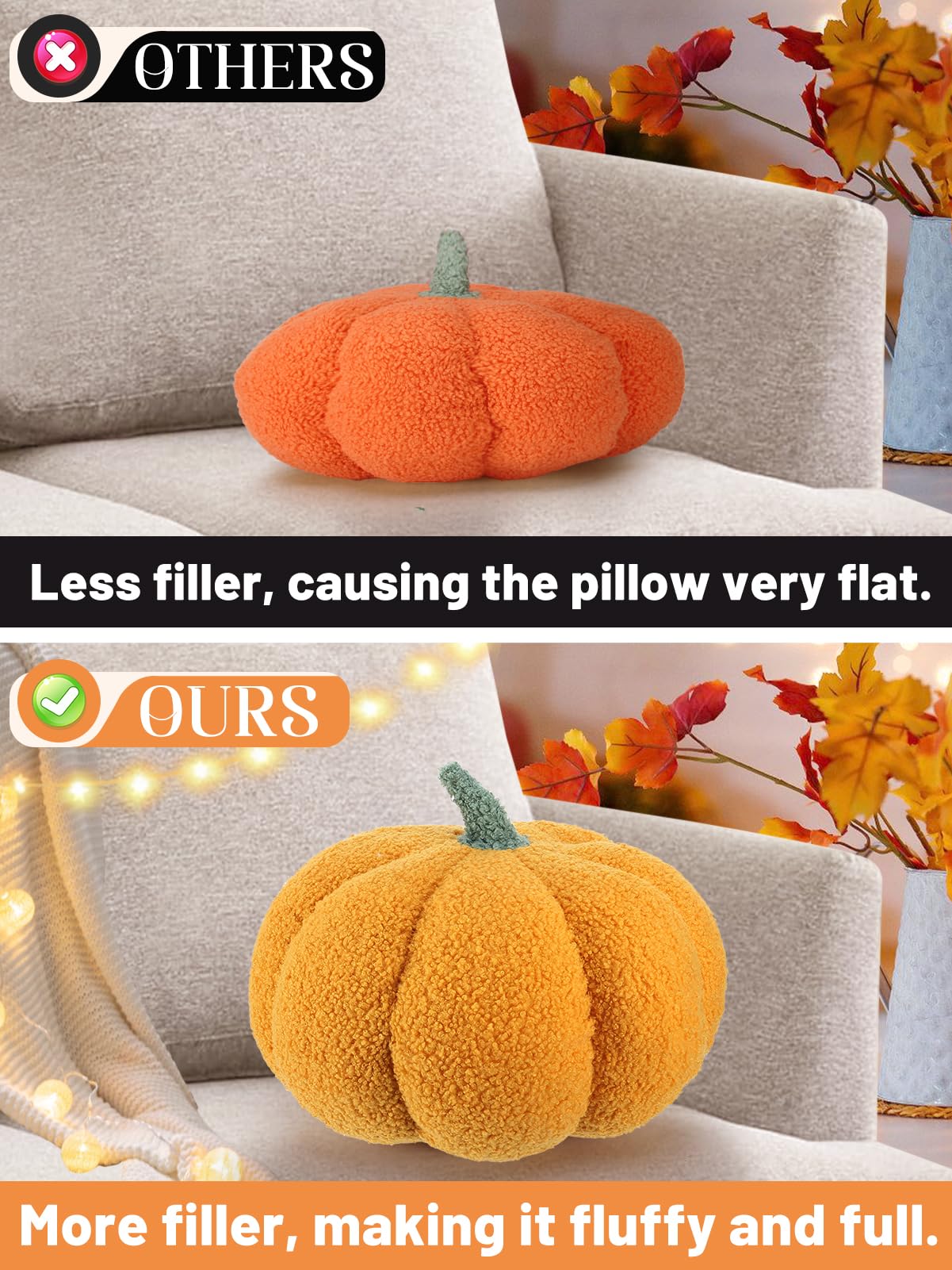 Juexica 2-Piece Stuffed Pumpkin Pillow Set - Fluffy Plush Fall & Halloween Decor (White & Orange) - View #13