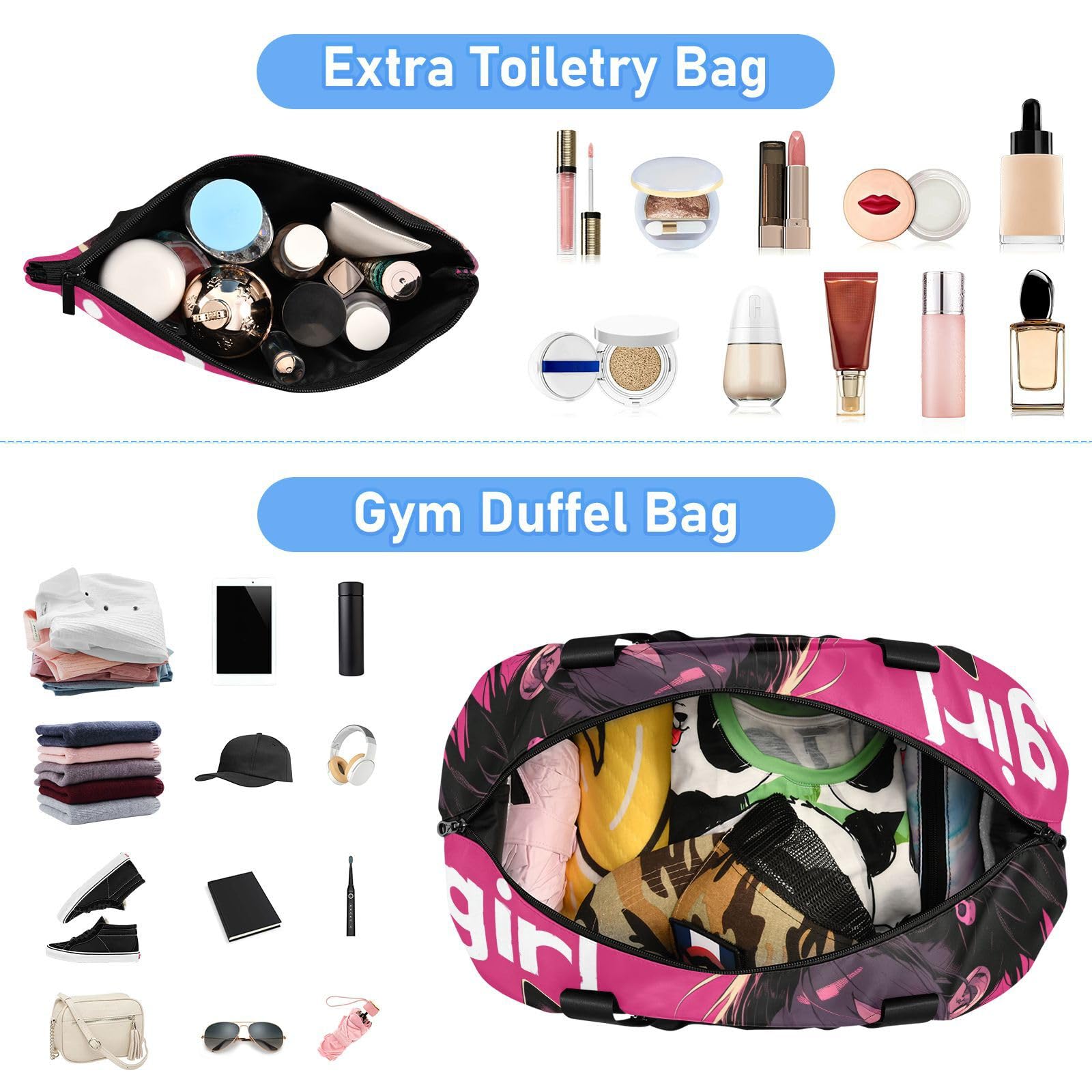 Peach Black Psycho Girl Bolsa de viaje con bolsillo húmedo, correa ajustable, bolsa de viaje para gimnasio, gran capacidad para hombres y mujeres