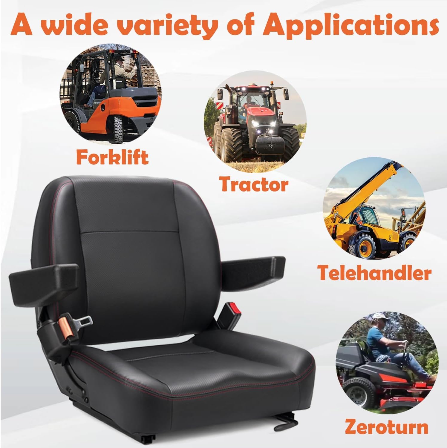 SEATIN Universal Gabelstaplersitz, Gabelstaplerzubehör, Traktorsitz, Fahrerhauszubehör, mit Mikroschalter, Armlehne und Sicherheitsgurt, für Traktor, Mäher, Skid Loader, Teleskoplader, Bagger,