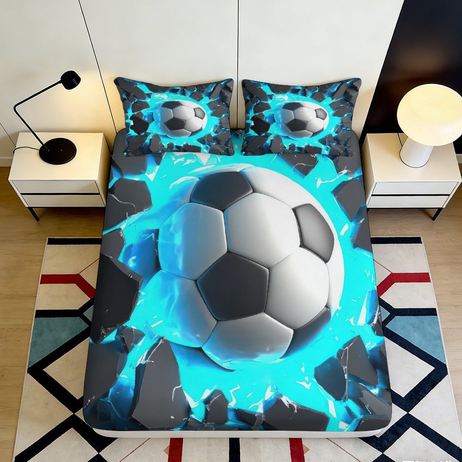 3D Printed Soccer Explosion Fitted Sheet Microfiber Anti-Slip Blue Cracked Stone Bed Cover for Bedroom Dorm Mattress Decoration 120x200x25cm