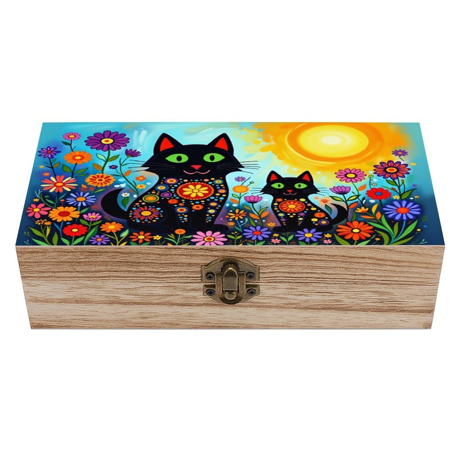 asbwuo Black Cats Colorful Floral Sun Vintage Wooden Keepsake Box