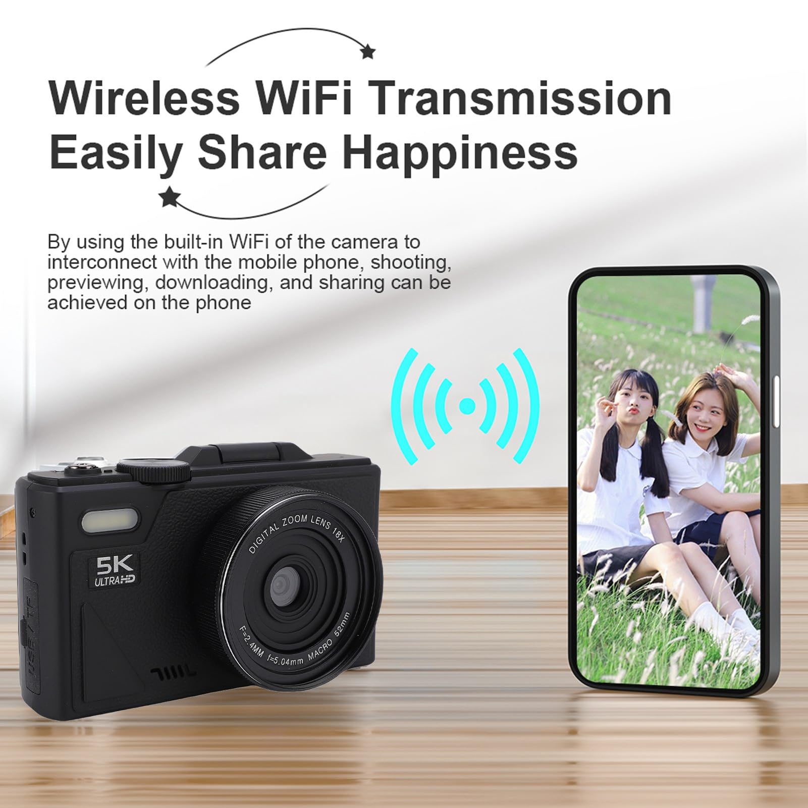 Caméra Numérique 5K, Caméra vlog WiFi UHD 75MP pour Youtube, Caméscope Numérique Portable pour la Photographie, écran Flip 3in 180 °, Zoom 18x, Automatique, avec Carte Mémoire (Black)