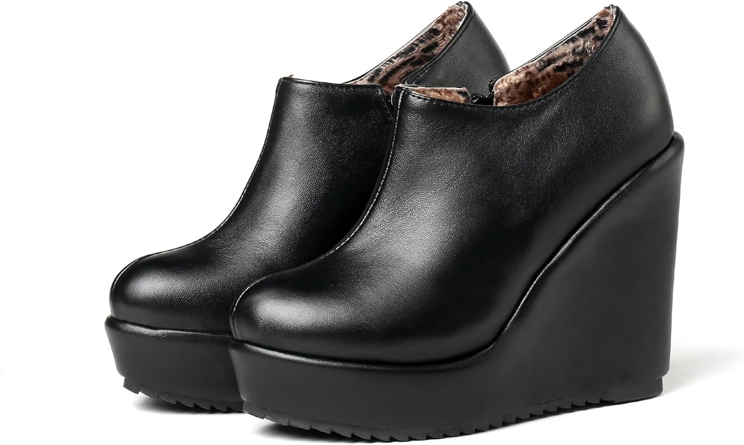 UniqueStride Women High Heel Wedge Short Ankle Boots Fashion Platform Zip up Faux Suede Ankle Booties