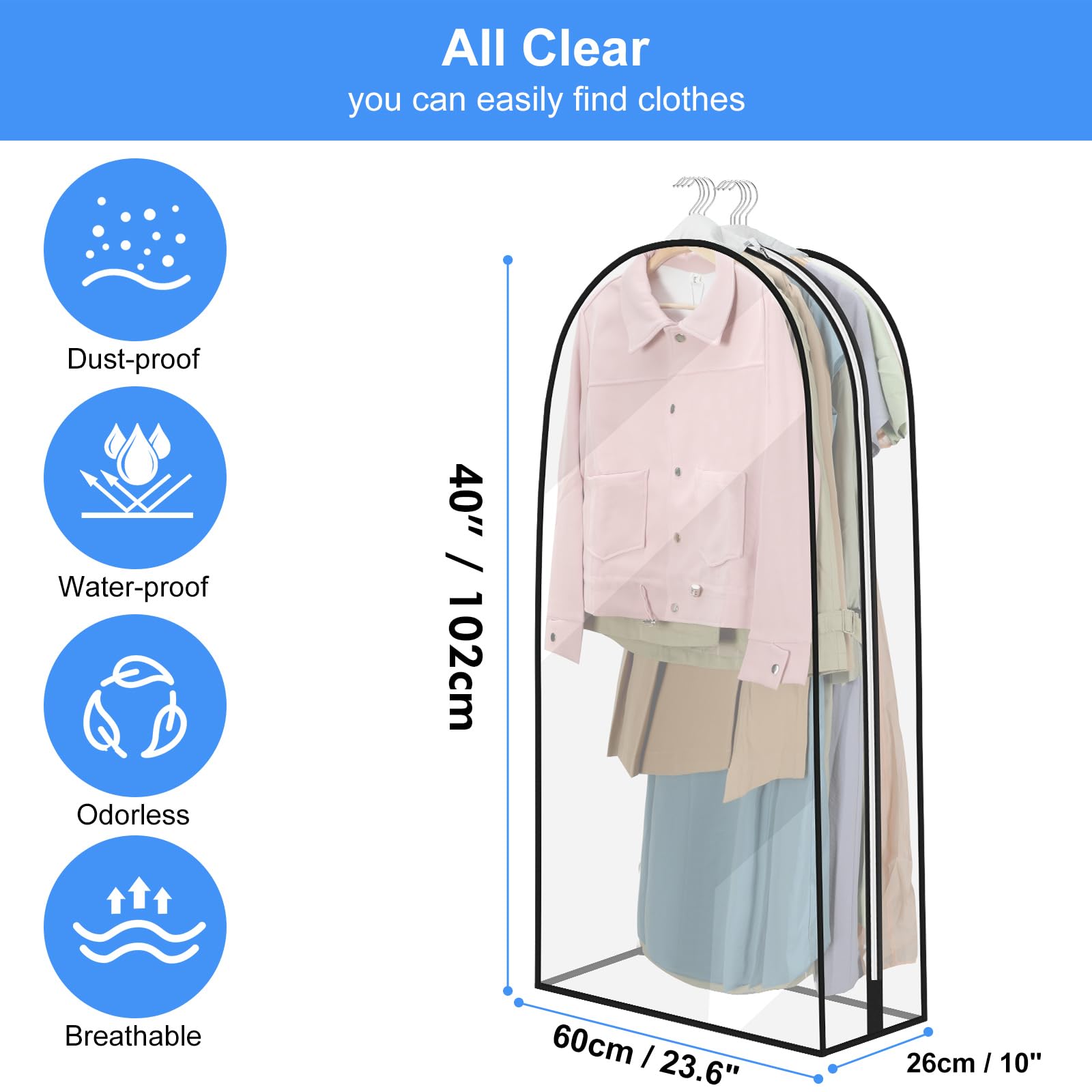 YYDSLEE Waterproof Transparent Garment Bags Suit 3 Pieces 60 x 102 cm Suit Bag Cover with Zip for Suits Dresses Coats Jackets Shirts Moth Protection Suit Bag Storage Clothes Cover - Image 3