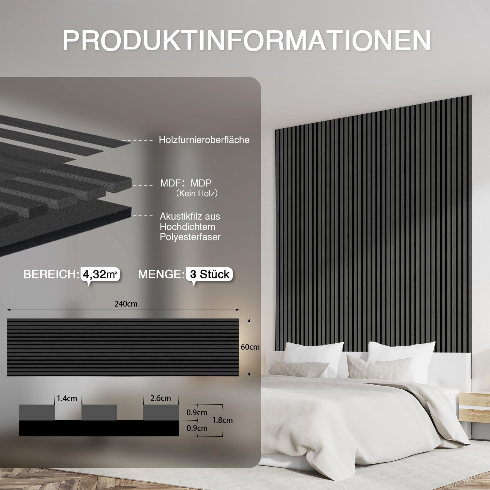 Faltbar Akustikpaneele Holz 240x60cm-3 Stück(4,32m²) Wandpaneele mit Holzfurnier & Filz|Holzpaneele Wand Acoustic Panel|Wandverkleidung innen für Home-Studio,Wohnzimmer & Büro Schwarz#22