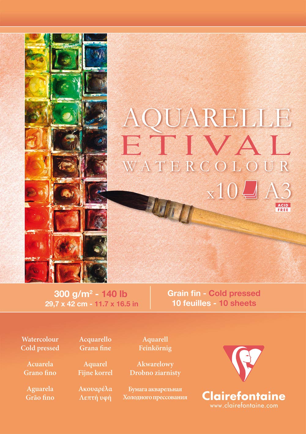 Clairefontaine - Ref 96306C - Etival Cold Pressed Economical Glued Watercolour Painting & Drawing Pad (10 Sheets of Paper) - A3 (42 x 29.7cm) - 300gsm Cellulose Art Paper