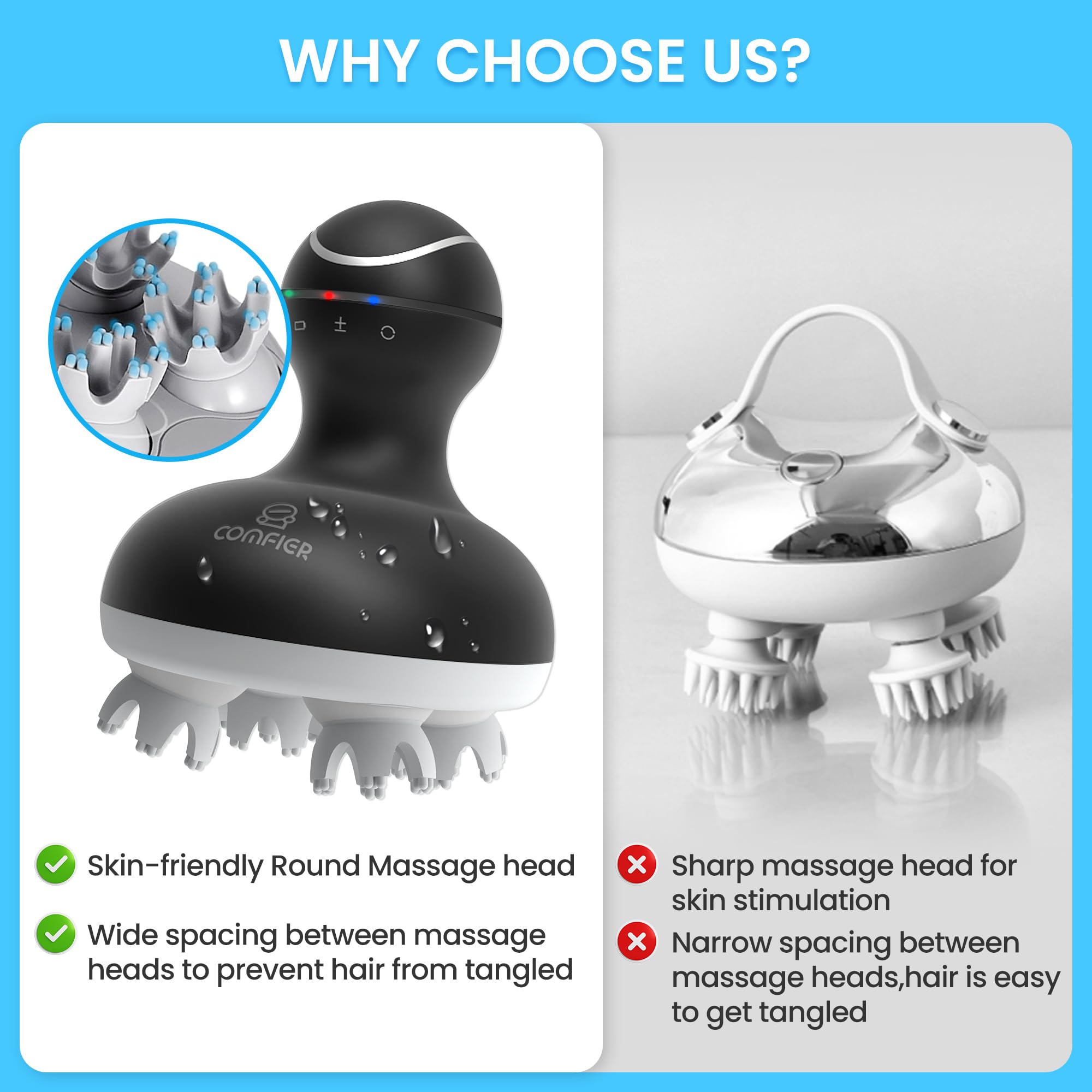 Comfier Elektrisches Kopfhaut Massagegerät, portables Kopfmassagegeräte wasserdicht, kabellos und wiederaufladbar, elektrischer Kopfkrauler mit 4 Knetmassageköpfe für Entspannung, Geschenke