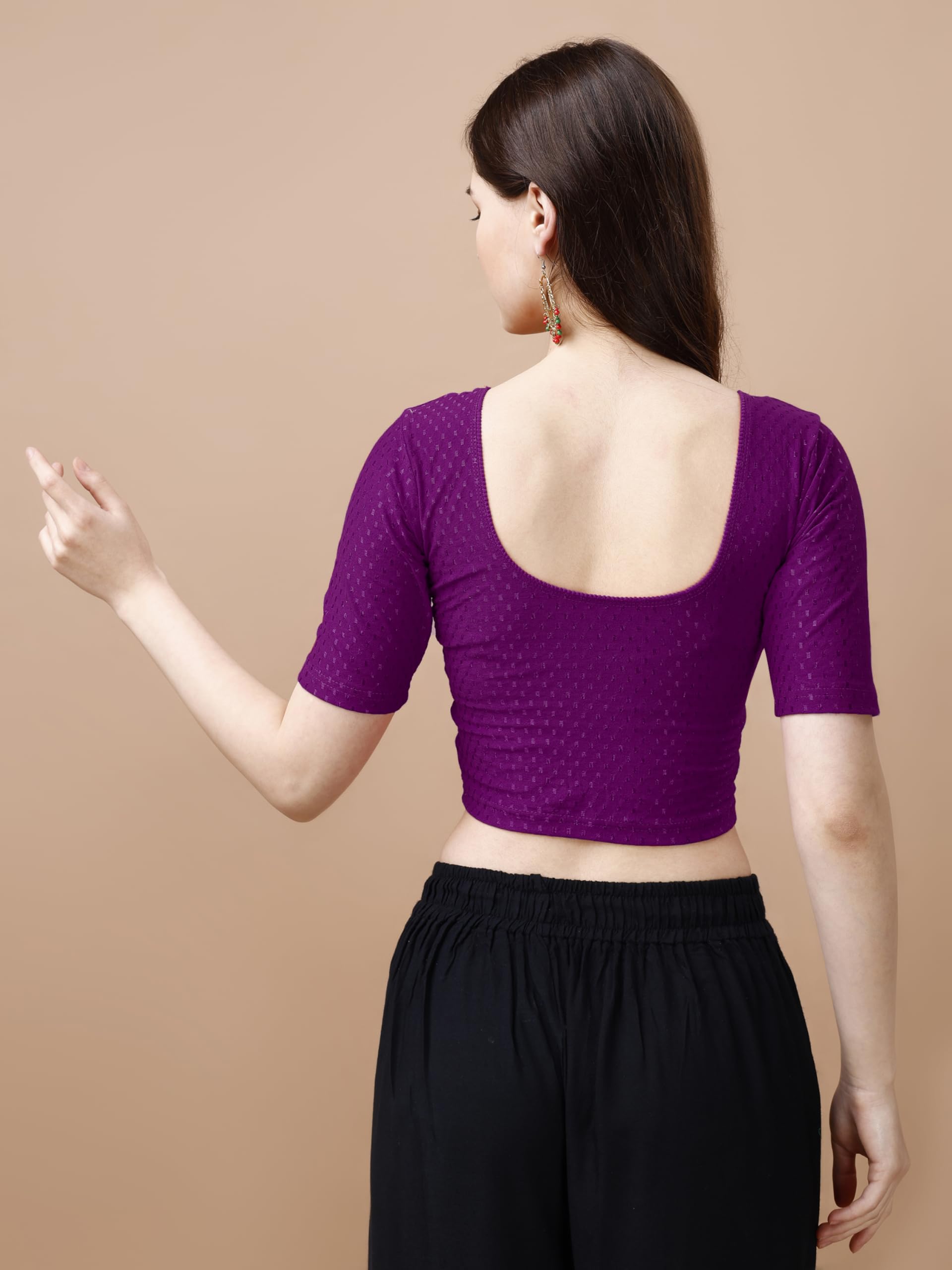Pujia Mills Women's Readymade Dobby Cotton Lycra Stretchable Round Neck Half Sleeve Blouse Fancy Wine Color Lycra Stretchable Blouse For Women Stylish Readymade Saree Blouse
