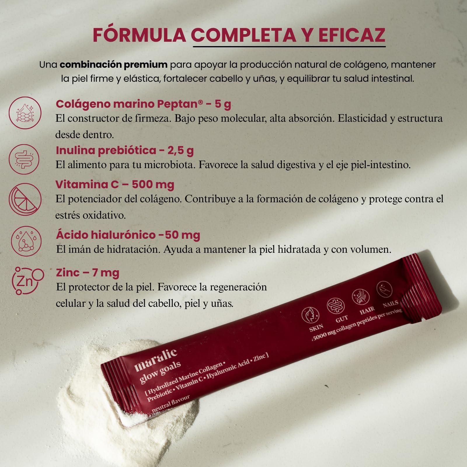 Glow Goals Colágeno Hidrolizado en Sobres [30 unidades] - Colágeno Marino Tipo 1 con Vitamina C, Zinc, Ácido Hialurónico e Inulina - Sabor neutro y de fácil disolución