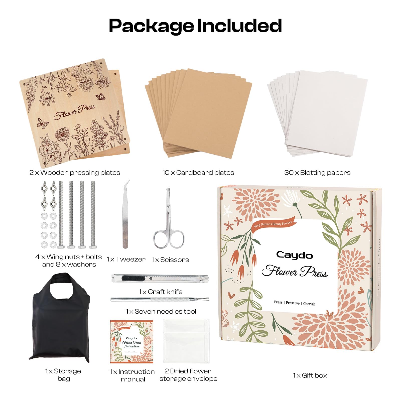 Caydo Kit de prensa de flores de madera de 11 x 11 pulgadas, 10 capas para adultos, marco de flores prensadas para marcapáginas, conserva ramo funerario de boda y plantas, hojas, hierbas para