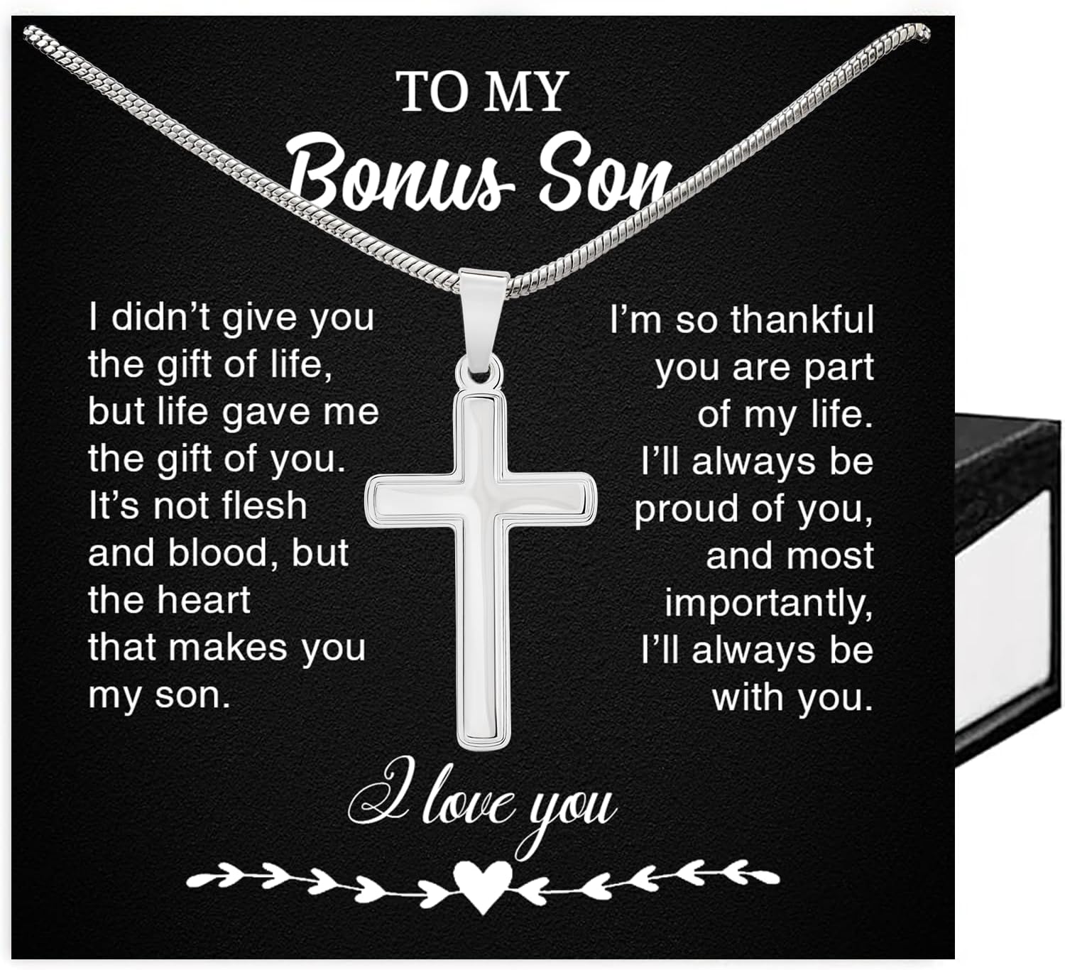 To My Bonus Son Cross Necklace, Stepson Gift Jewelry from Stepmom or Stepdad, Personalized Cross Necklace for Bonus Son, Birthday Graduation Present#1