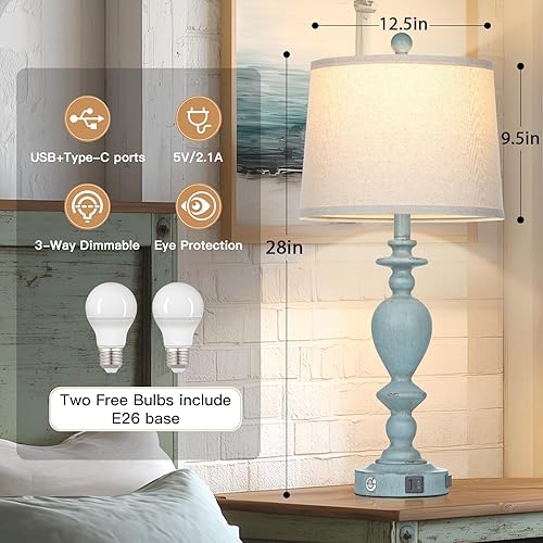 Miniatura 2 de 27.5" Coastal Table Lamp for Living Room Set of 2,Retro Blue Bedside Nightstand Lamps with USB C+A Ports & AC Outlet,3-Way Dimmable Touch Control