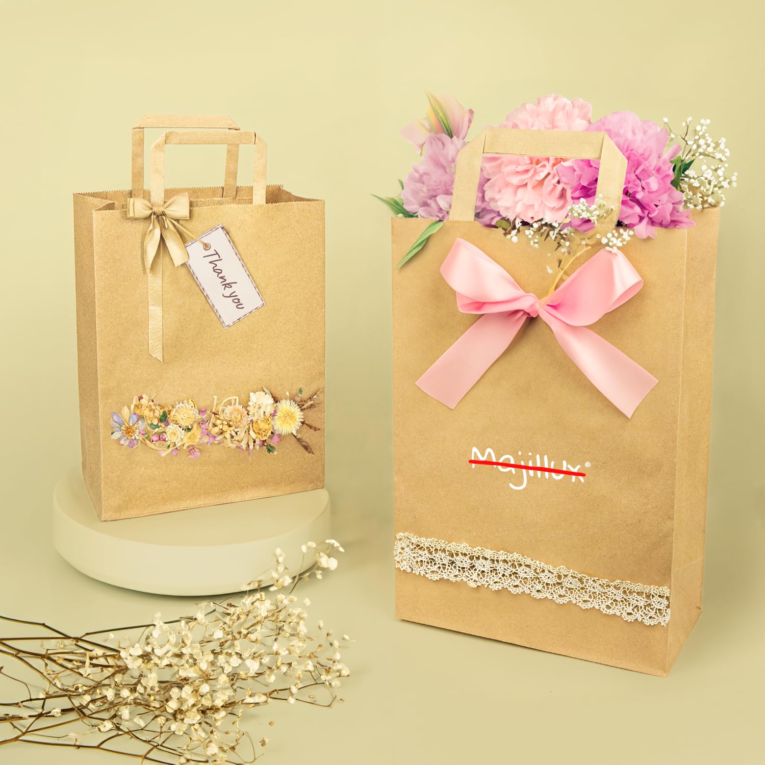 Majillux 12 torebek papierowych brązowych, z płaskim uchwytem, 22 x 32 x 11 cm, eleganckie torebki papierowe wielokrotnego użytku, idealne na prezenty urodzinowe, prezenty świąteczne