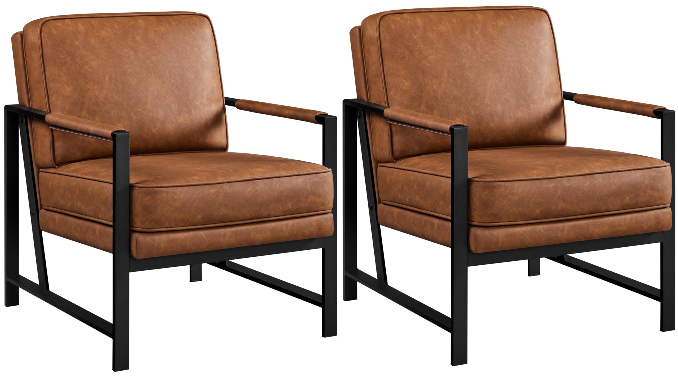 YaheetechPU Leather Armchairs, Retro Leisure Accent Chair with Extra Soft Padded and Cushion, 105 Degree Slant Back, Modern Reading Arm Chair for Living Room/Office/Bedroom/Study, 2pcs, Light Brown