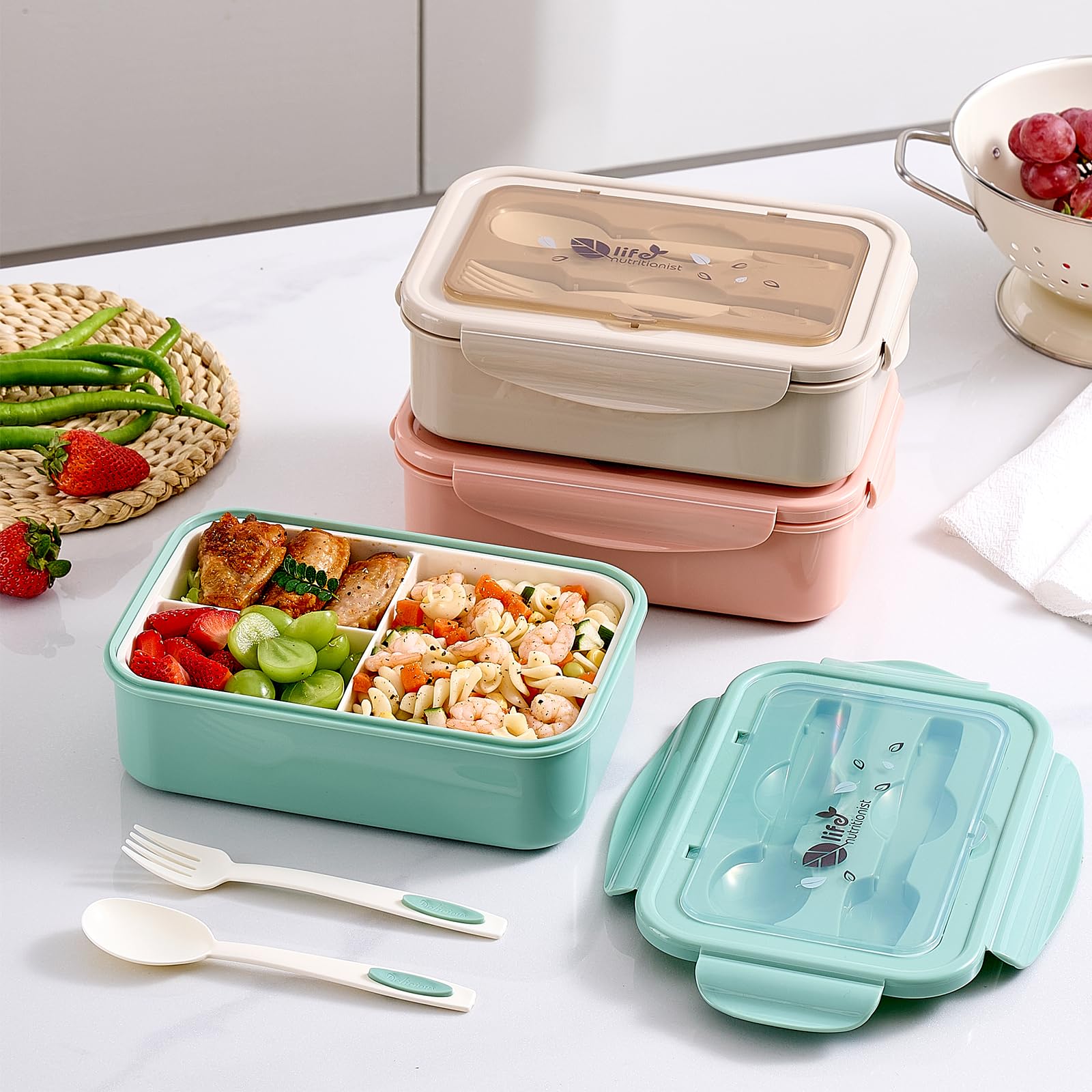 Mfacoy 3 Pack Bento Boxes for Adults/Kids, 1100 ML Bento Lunch Box With Spoon & Fork, Lunch Box Containers, Bento Box for Dining Out, Work, Picnic, BPA-Free, Microwave & Dishwasher Safe - Image 7