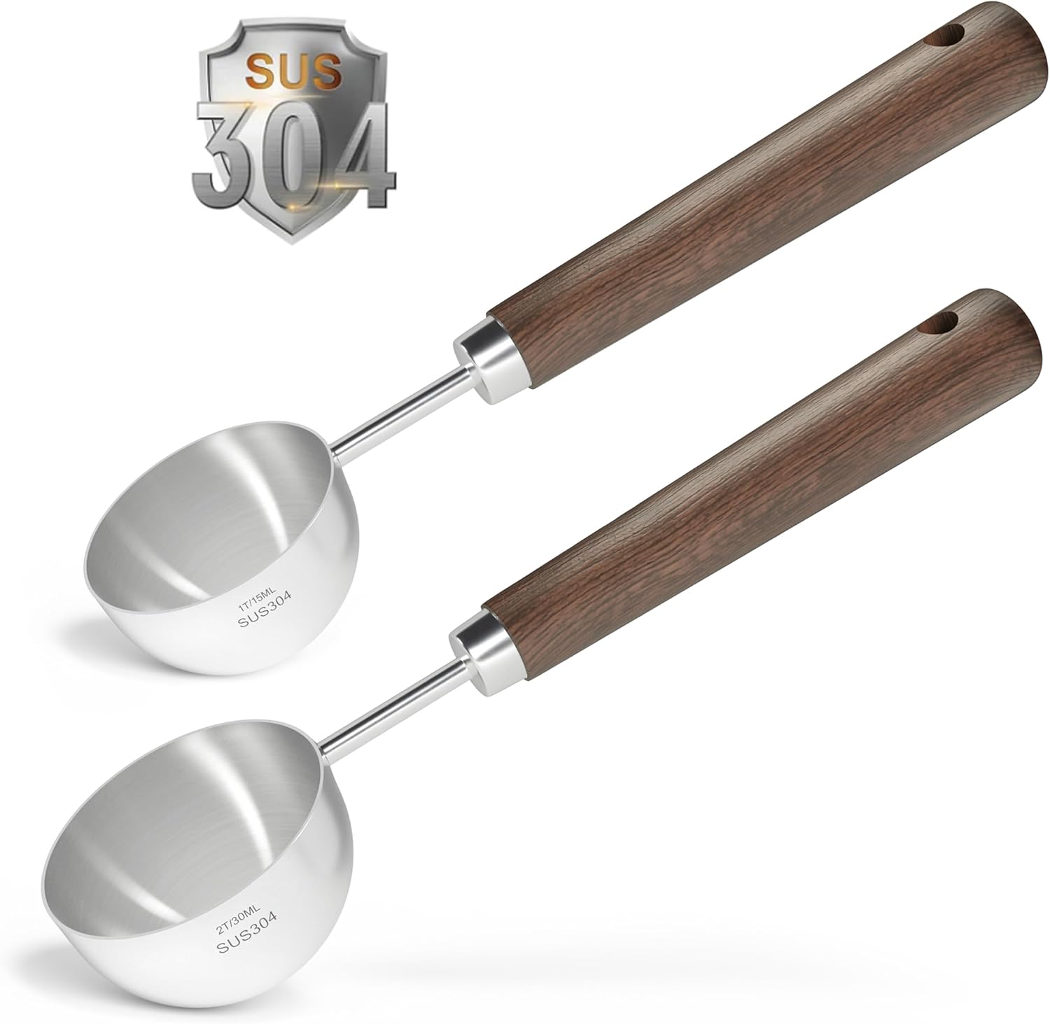 Stainless-Steel Coffee-Ground Tablespoon Measuring Scoop-Spoon – 1Tbsp (1/2Oz 15ML) and 2Tbsp (1Oz 30ML) | 304 Stainless Steel | Black Walnut Handle