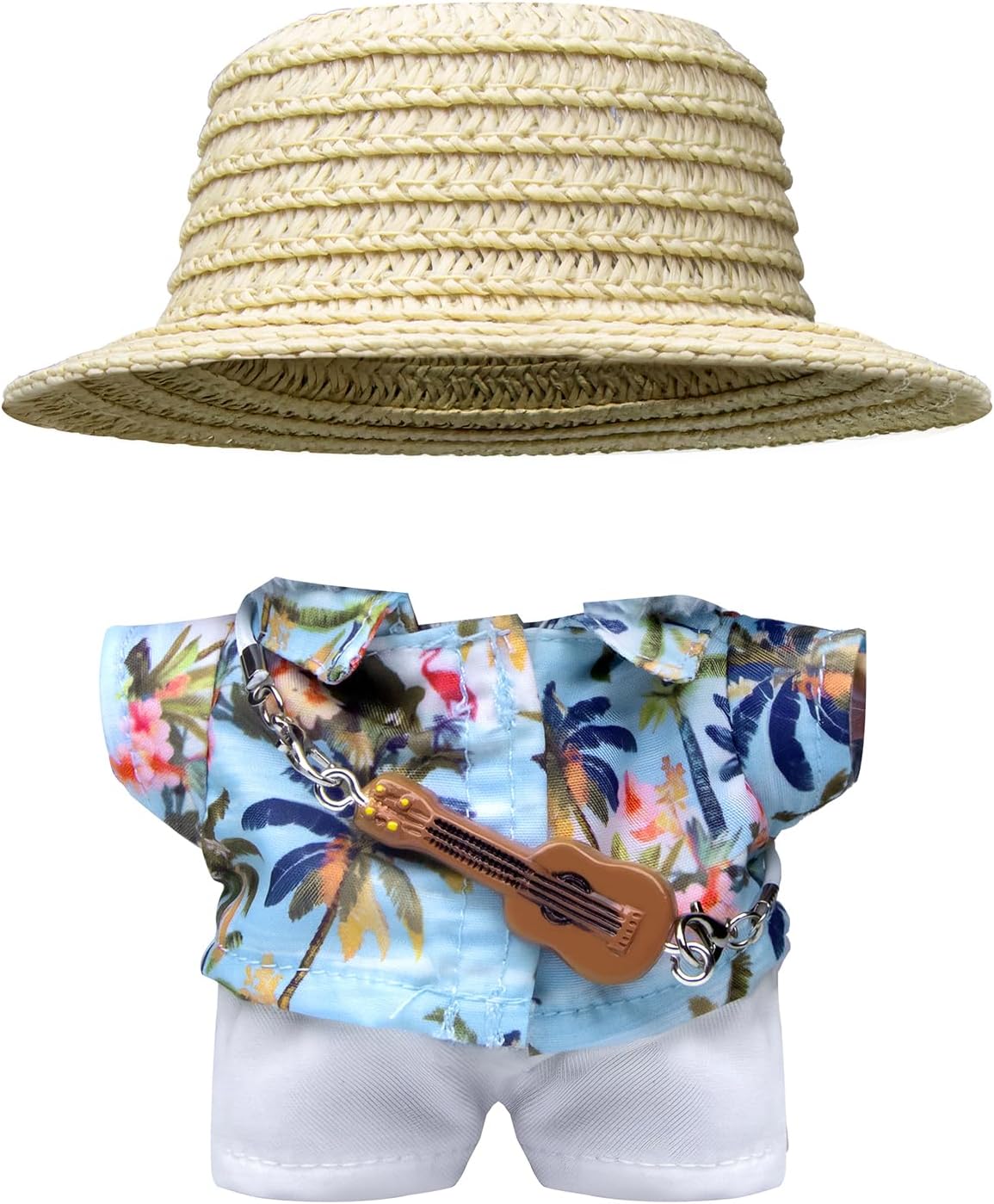 Clothes for 6.7in/17cm Doll, 4-Piece Set Summer Vacation Style Outfit for 6.7in/17cm Dolls, Doll Clothes Set，Includes Hat, Short-Sleeve Shirt, Pants and Miniature Guitar (SV-02)