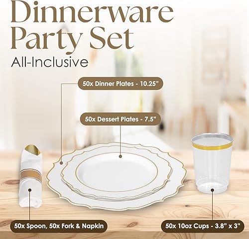 Miniatura 2 de Elegante juego de vajilla de plástico dorado (350 unidades), incluye 50 platos llanos, 50 platos de postre, 50 servilletas, 50 tazas y cubiertos