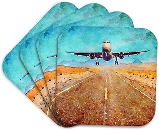 Set of 4 Coasters - Soft - Airplane Landing On A Road Image of Watercolor Painting Fine Art