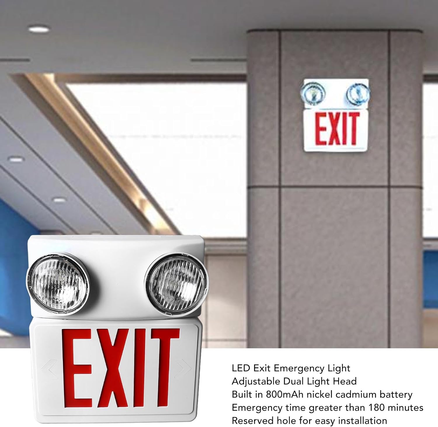 LED Exit Emergency Light Adjustable Headlights Safety Exit Signage US Plug 85-265V for Malls Hotels Hospitals Office Buildings and More