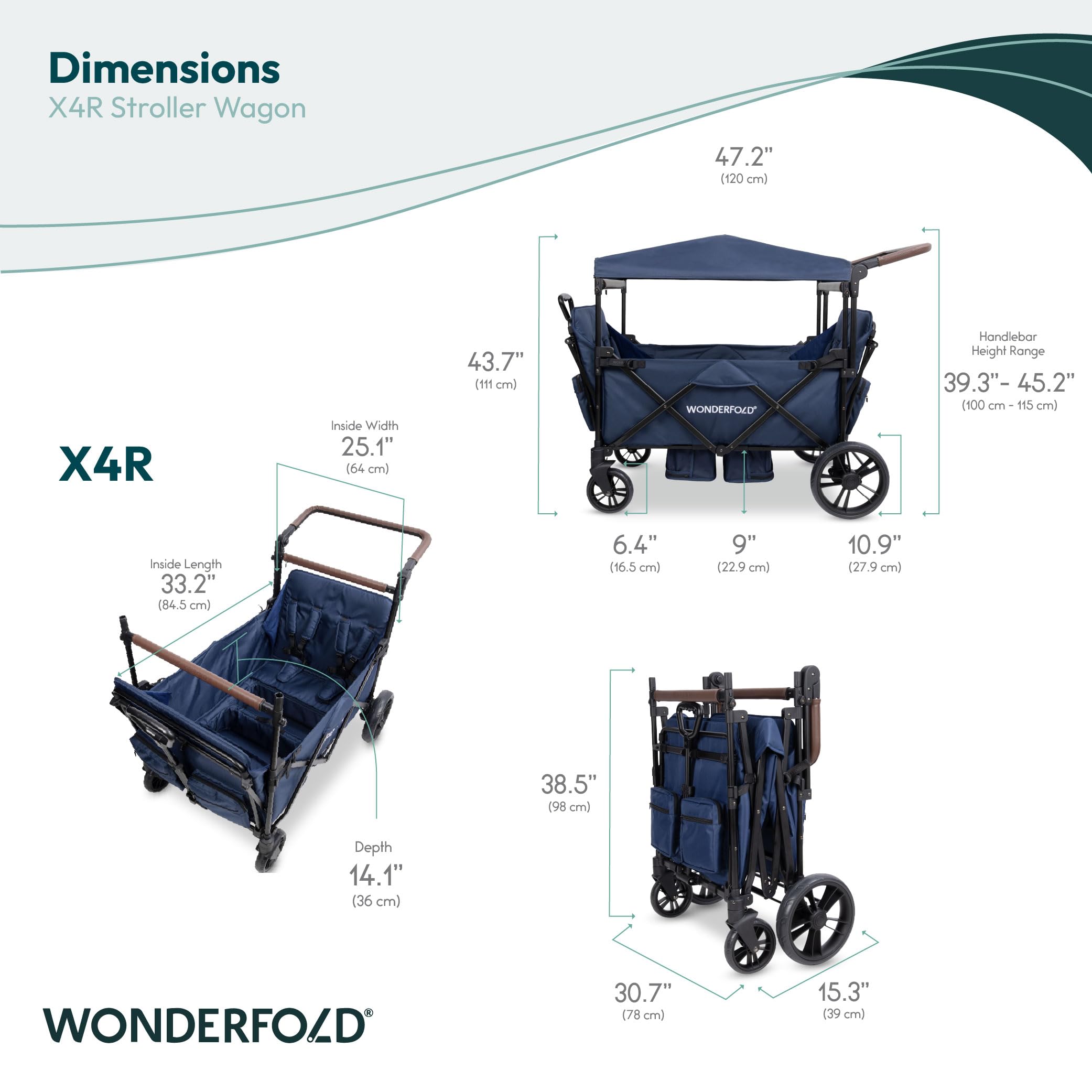 WONDERFOLD X4R Rev Passeggino Wagon (4 posti) – Passeggino pieghevole con cinture di sicurezza a 5 punti, sedili reclinabili e vano piedi, nero