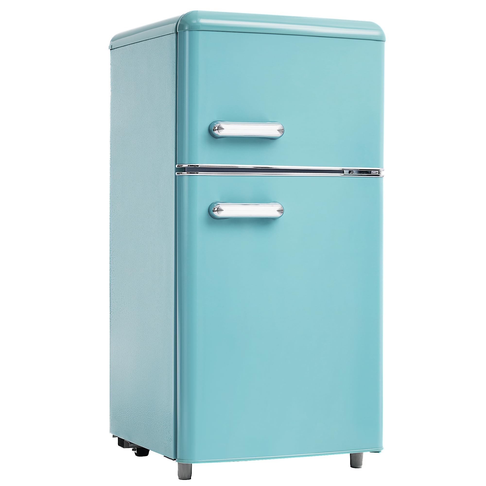 Merax Retro Kühlschrank, Doppeltür, 72L Gesamtvolumen, 21L Gefrierfach, Energieklasse E, 120 kWh/Jahr, LED-Beleuchtung, 3 verstellbare Einlegeböden Cyan