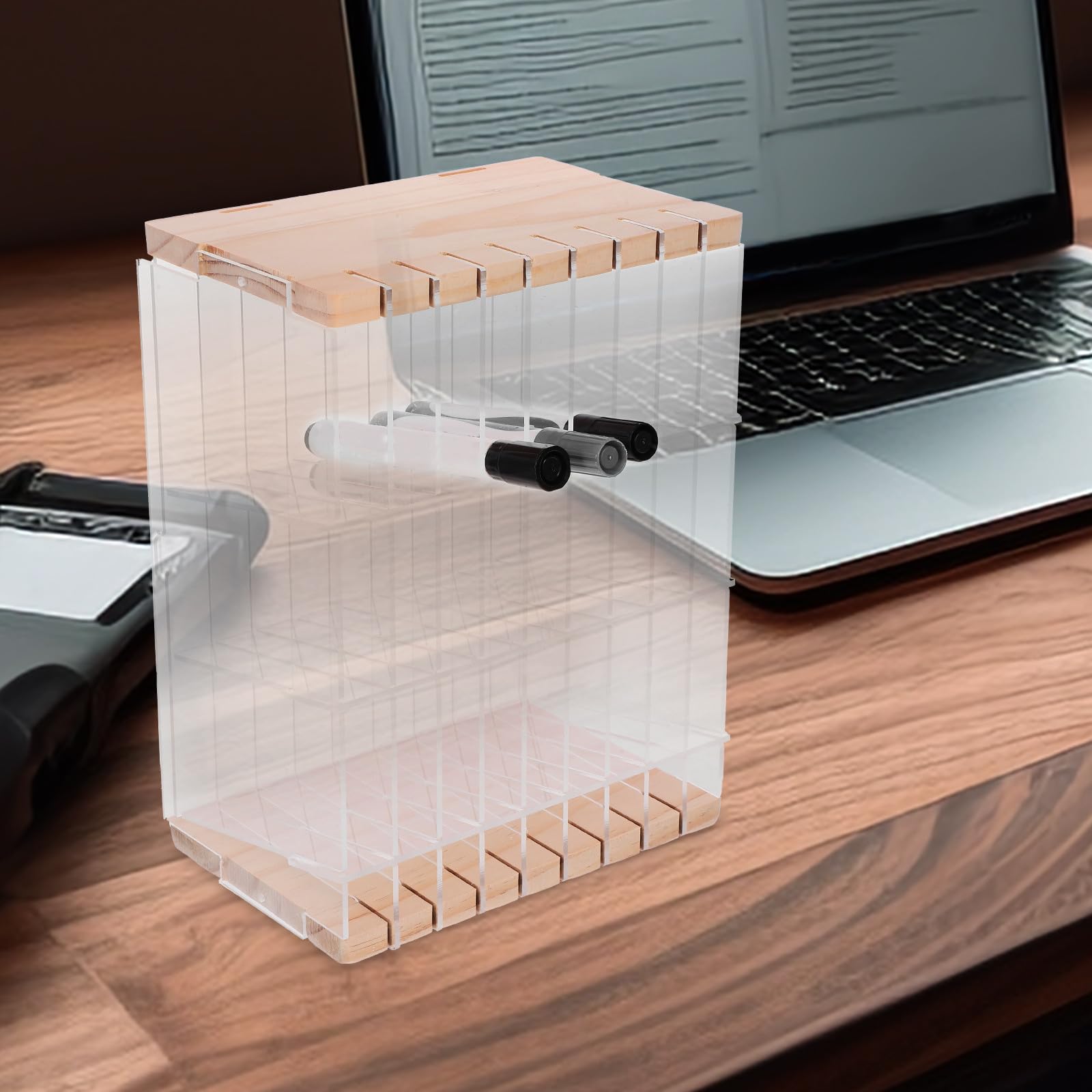 SHINEOFI Multifunktionaler Schreibtisch Organizer 108 Stifte Fächer aus Acryl und Holz mit Sicheren Kanten zur Ordentlichen Aufbewahrung für Schüler und Lehrer