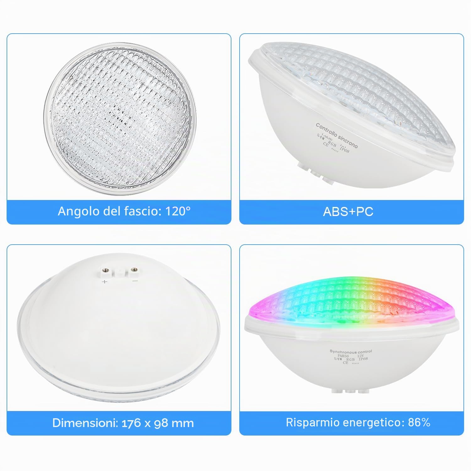 54W LED Illuminazione Piscina PAR56, 12V RGB Timing 2/4/6H Luce Impermeabile, Sincronizzazione Esterna con Telecomando, IP68 Impermeabile Lampada Piscina con Telecomando (2 pezzi)