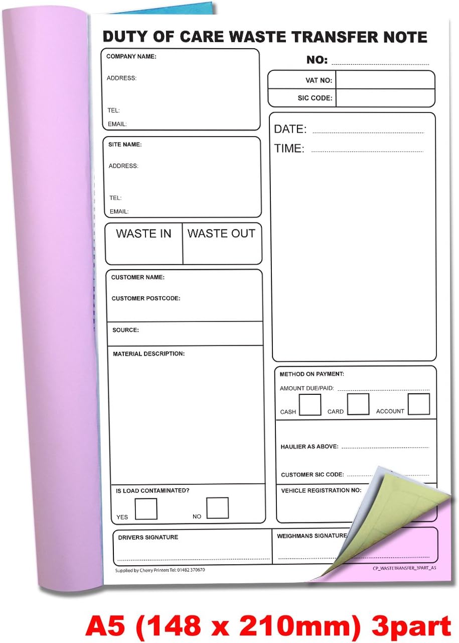 Cherry Carbonless NCR Duty of Care Waste Transfer Triplicate Book A5 50 Sets - Image 4