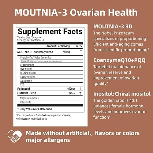Miniatura 5 de MOUTNIA-3 Apoyo a la salud ovárica, equilibrio hormonal para mujeres y apoyo ovárico con mio-inositol, D-quiro inositol, coenzima Q10, ácido fólico,
