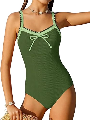 AMAWMW Girls' Swimsuit Adjustable Straps Padded Bathing Suit for 9-16y Teens Kids Swimwear Summer, Green, 13-14 Years