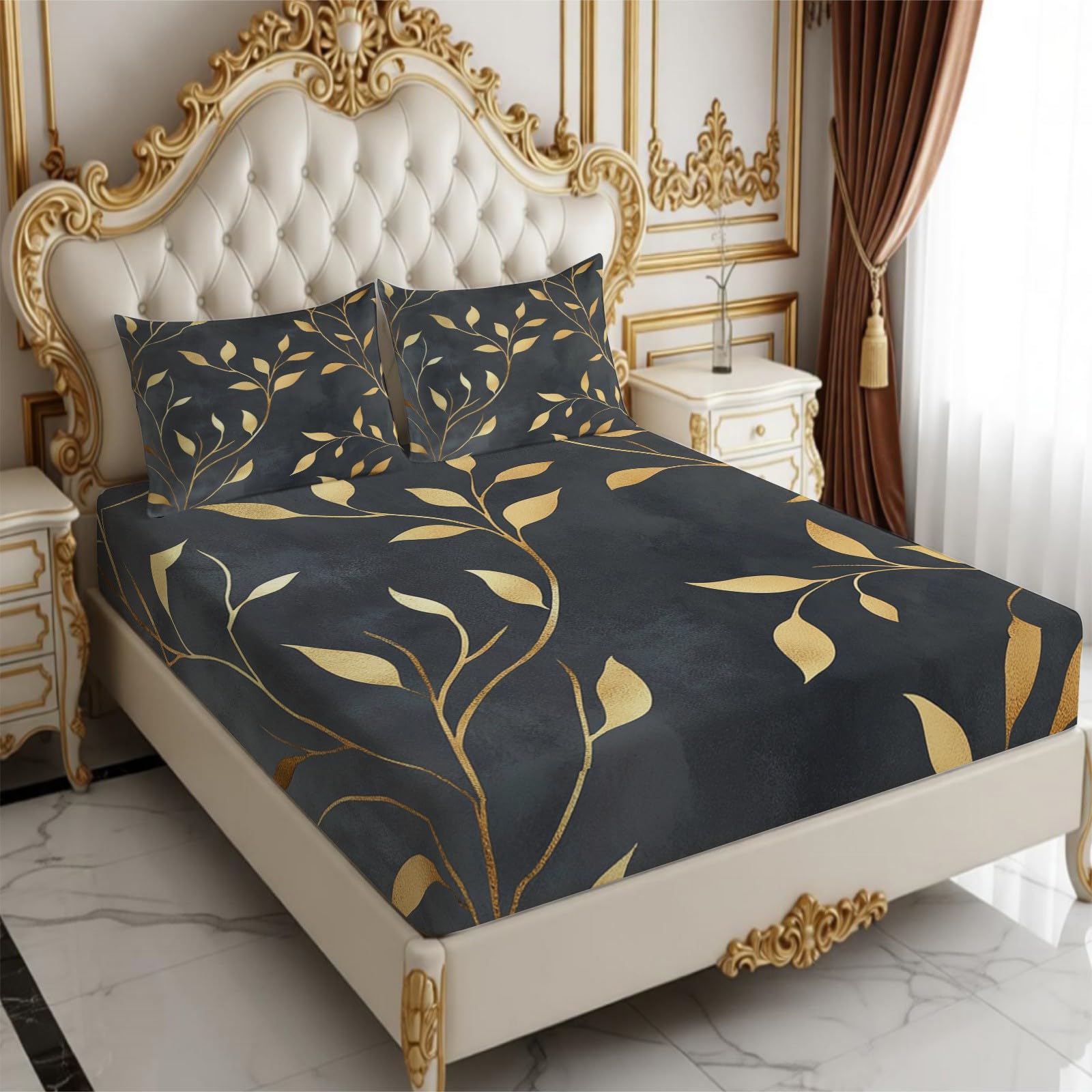 Lenzuolo con Angoli 180 x 200 cm Microfibra foglie della pianta Lenzuolo Sotto Elasticizzato Profondo 25 cm oro per Letto Singolo e Matrimoniale