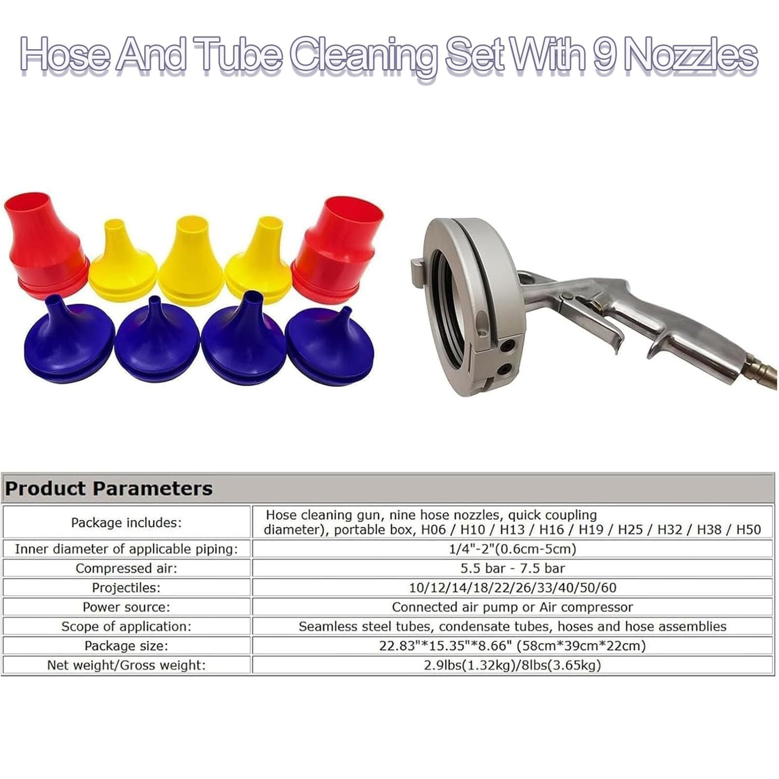 Pistola neumática para limpieza de mangueras hidráulicas, kit industrial de limpieza de tuberías con aire comprimido, con 9 boquillas de recambio, diseño de limpieza con aire seco, para reparación